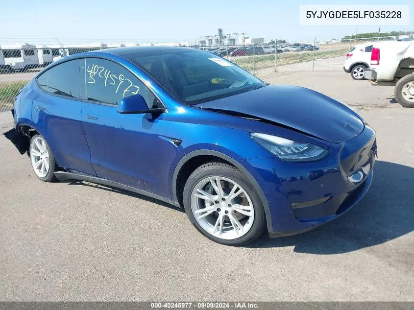 2020 Tesla Model Y Long Range Dual Motor All-Wheel Drive VIN: 5YJYGDEE5LF035228 Lot: 40245977