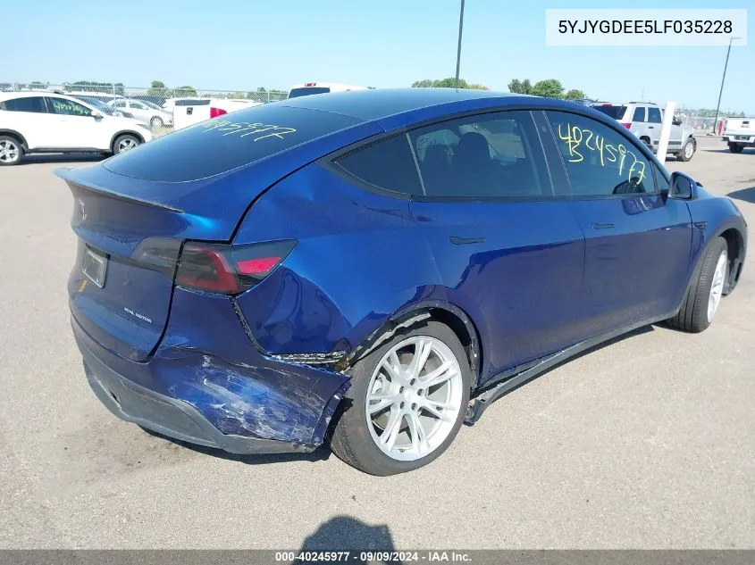 2020 Tesla Model Y Long Range Dual Motor All-Wheel Drive VIN: 5YJYGDEE5LF035228 Lot: 40245977