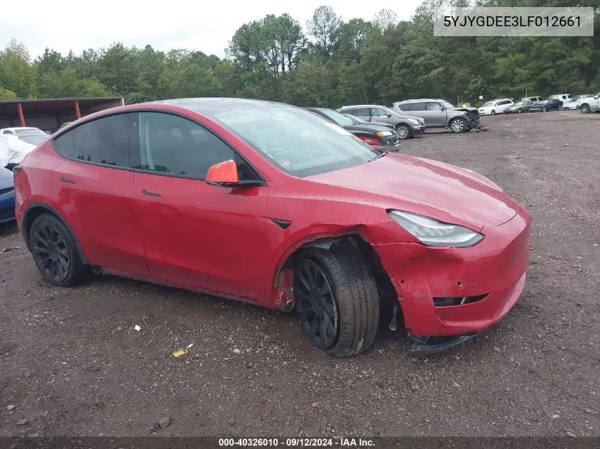 2020 Tesla Model Y VIN: 5YJYGDEE3LF012661 Lot: 40326010