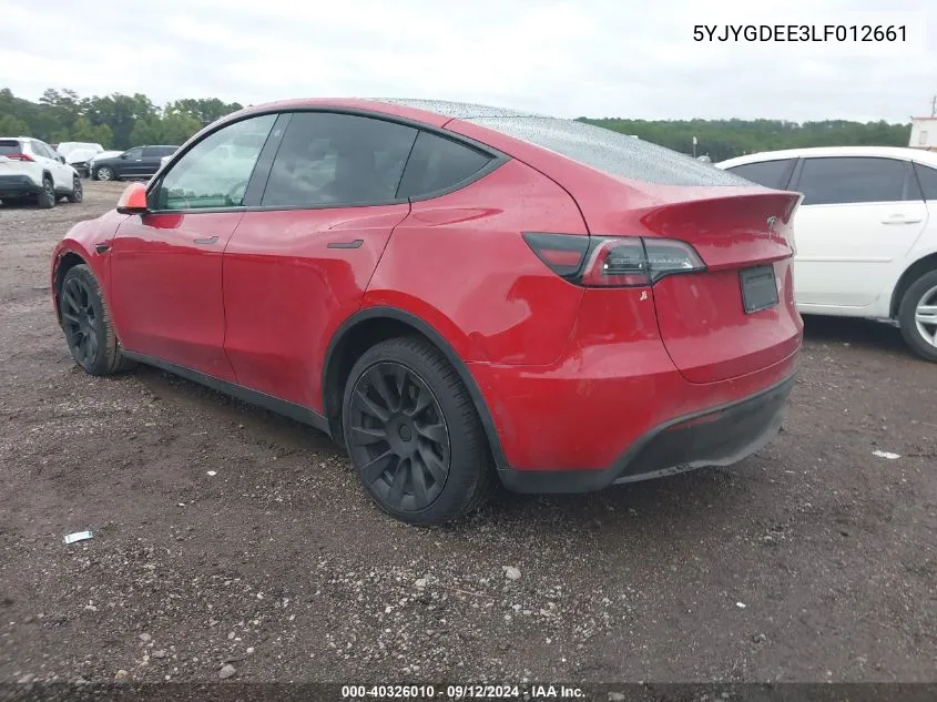 2020 Tesla Model Y VIN: 5YJYGDEE3LF012661 Lot: 40326010