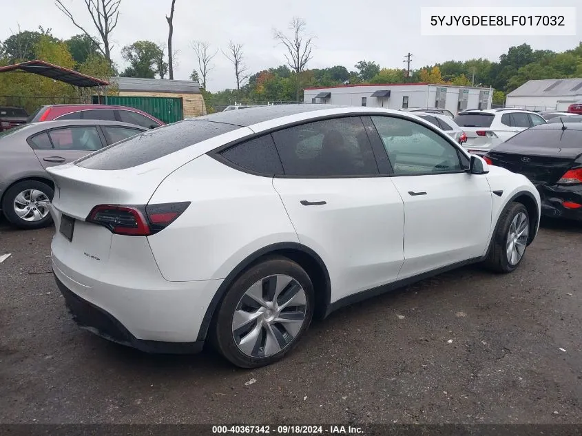 2020 Tesla Model Y Long Range Dual Motor All-Wheel Drive VIN: 5YJYGDEE8LF017032 Lot: 40367342