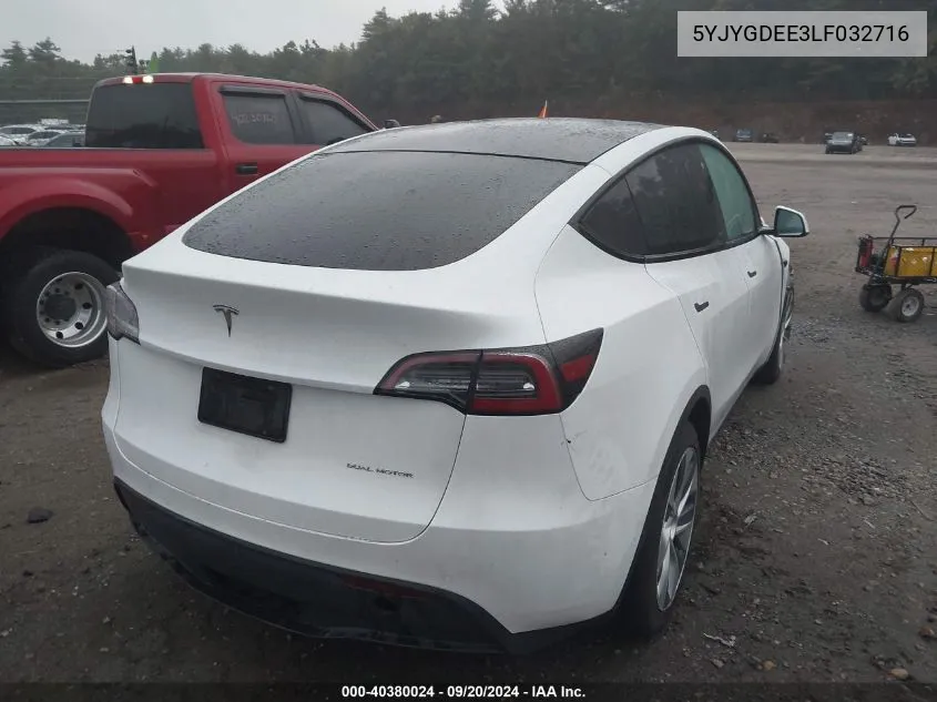 2020 Tesla Model Y Long Range Dual Motor All-Wheel Drive VIN: 5YJYGDEE3LF032716 Lot: 40380024