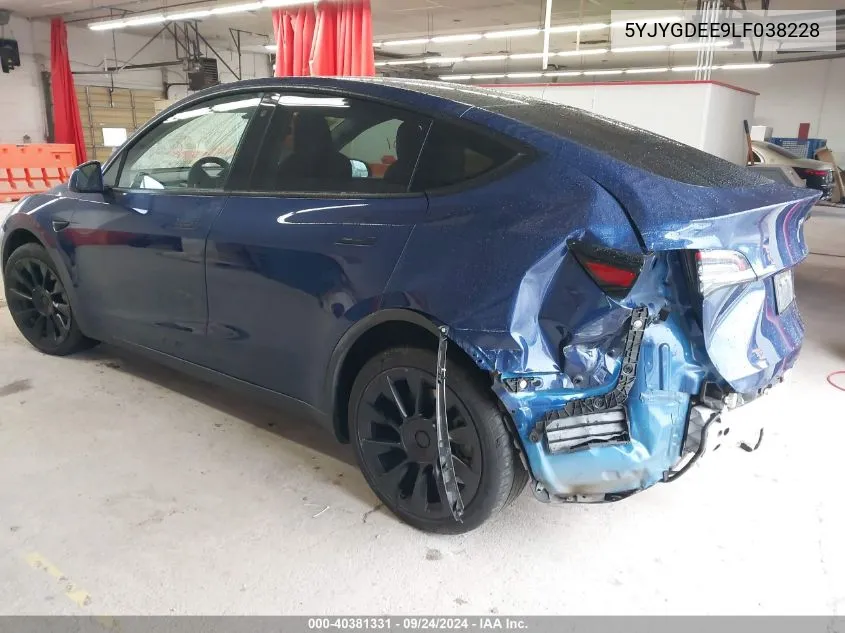 2020 Tesla Model Y Long Range Dual Motor All-Wheel Drive VIN: 5YJYGDEE9LF038228 Lot: 40381331