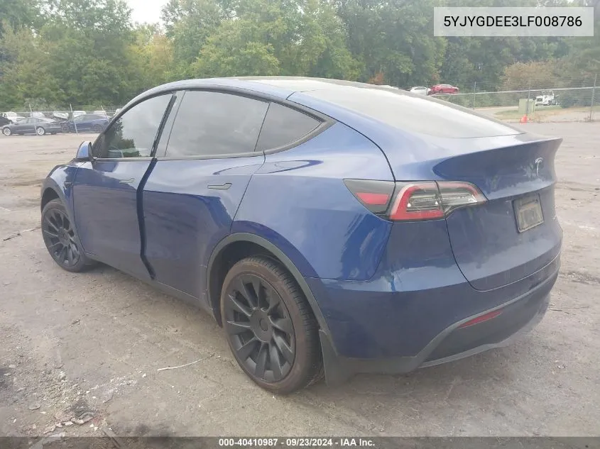 2020 Tesla Model Y Long Range Dual Motor All-Wheel Drive VIN: 5YJYGDEE3LF008786 Lot: 40410987