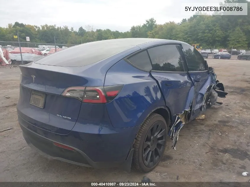 2020 Tesla Model Y Long Range Dual Motor All-Wheel Drive VIN: 5YJYGDEE3LF008786 Lot: 40410987