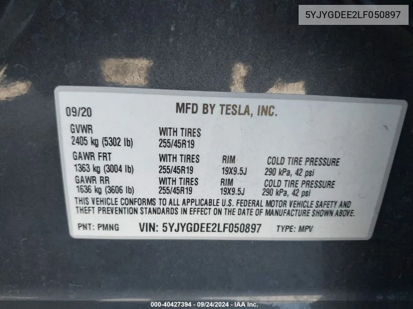 5YJYGDEE2LF050897 2020 Tesla Model Y