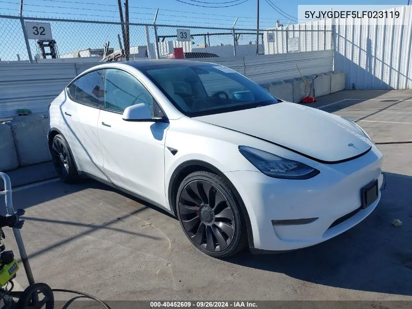 2020 Tesla Model Y Long Range Dual Motor All-Wheel Drive/Performance Dual Motor All-Wheel Drive VIN: 5YJYGDEF5LF023119 Lot: 40452609