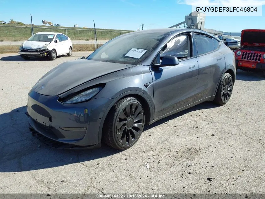 2020 Tesla Model Y Long Range Dual Motor All-Wheel Drive/Performance Dual Motor All-Wheel Drive VIN: 5YJYGDEF3LF046804 Lot: 40514322