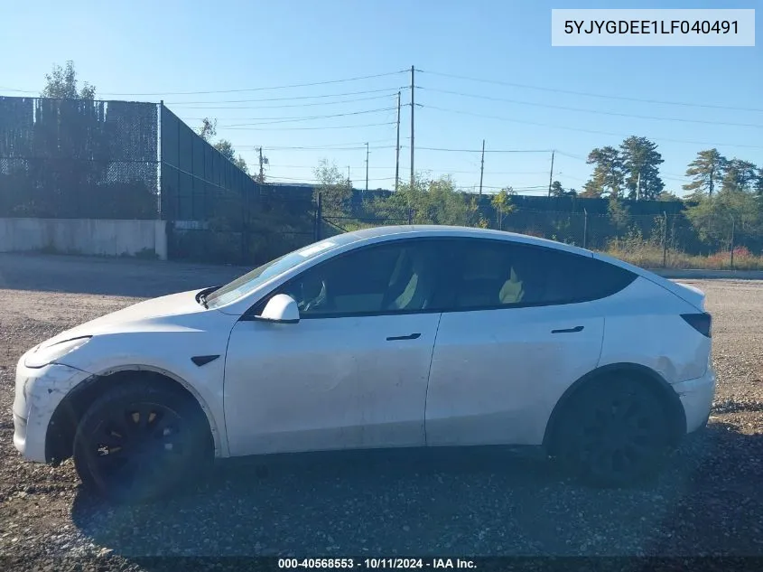 2020 Tesla Model Y VIN: 5YJYGDEE1LF040491 Lot: 40568553