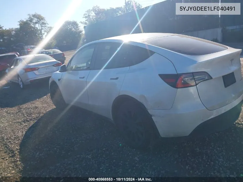 2020 Tesla Model Y VIN: 5YJYGDEE1LF040491 Lot: 40568553