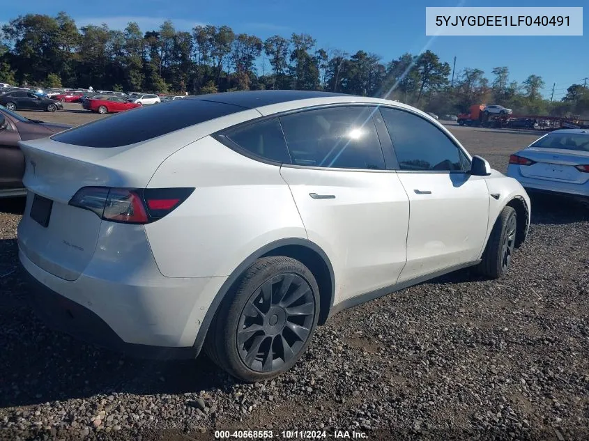 2020 Tesla Model Y VIN: 5YJYGDEE1LF040491 Lot: 40568553