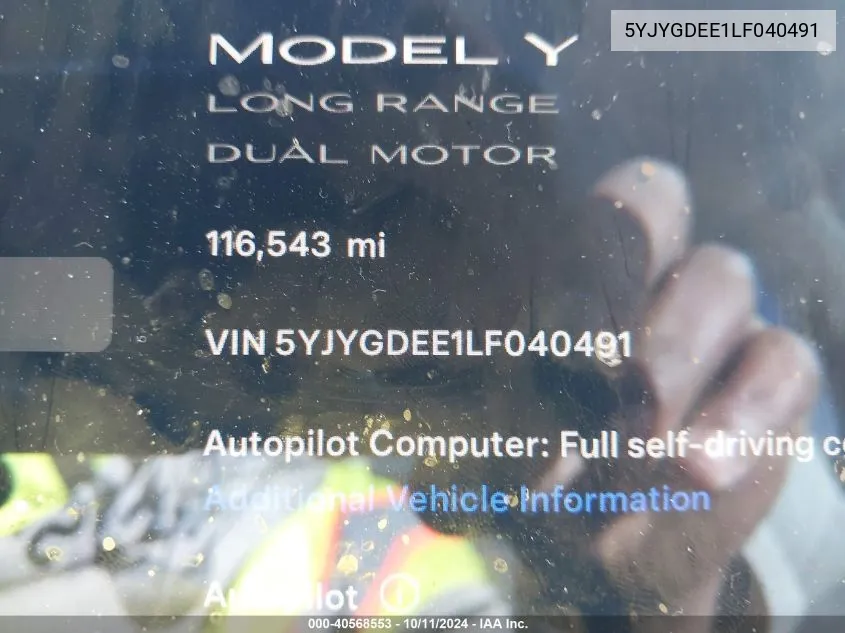 2020 Tesla Model Y VIN: 5YJYGDEE1LF040491 Lot: 40568553