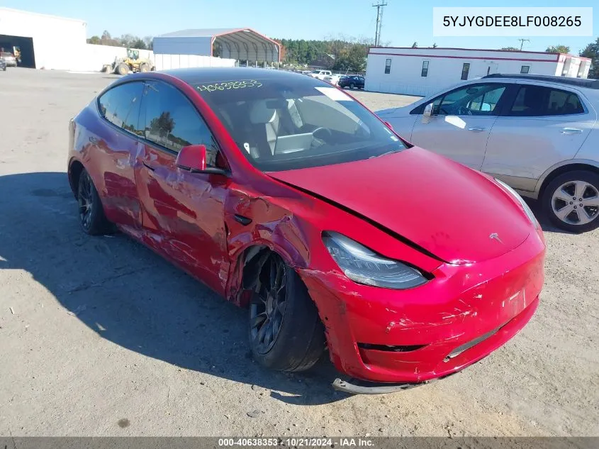 2020 Tesla Model Y VIN: 5YJYGDEE8LF008265 Lot: 40638353