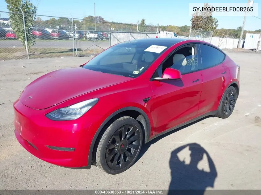 2020 Tesla Model Y VIN: 5YJYGDEE8LF008265 Lot: 40638353