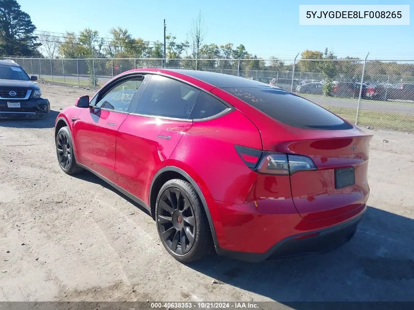 2020 Tesla Model Y VIN: 5YJYGDEE8LF008265 Lot: 40638353