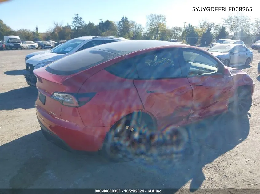 2020 Tesla Model Y VIN: 5YJYGDEE8LF008265 Lot: 40638353