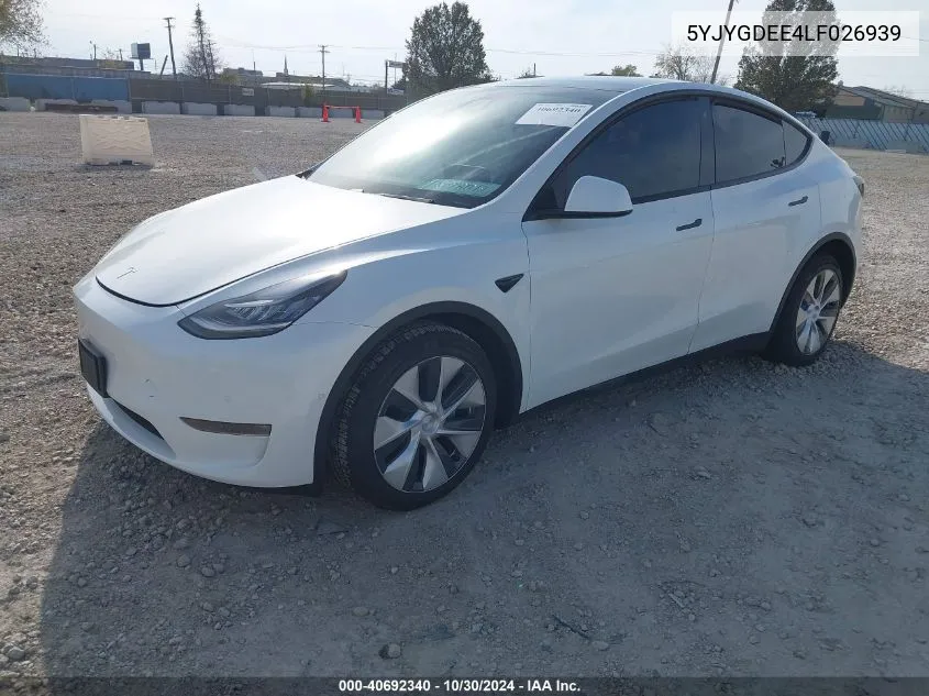 2020 Tesla Model Y Long Range Dual Motor All-Wheel Drive VIN: 5YJYGDEE4LF026939 Lot: 40692340