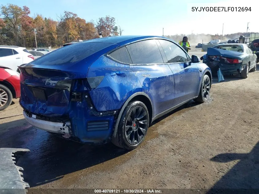 2020 Tesla Model Y Long Range Dual Motor All-Wheel Drive VIN: 5YJYGDEE7LF012694 Lot: 40709121