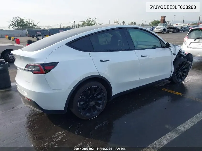 2020 Tesla Model Y Long Range Dual Motor All-Wheel Drive VIN: 5YJYGDEE3LF033283 Lot: 40907392