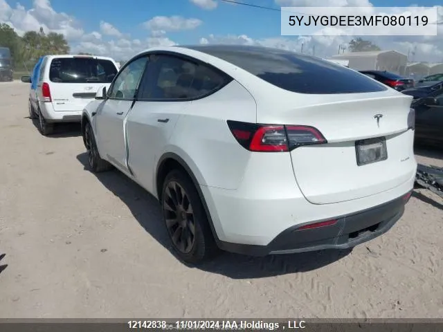 2021 Tesla Model Y VIN: 5YJYGDEE3MF080119 Lot: 12142838