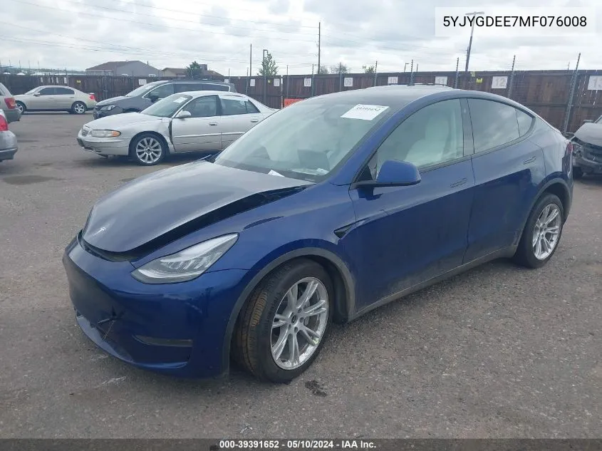 2021 Tesla Model Y Long Range Dual Motor All-Wheel Drive VIN: 5YJYGDEE7MF076008 Lot: 39391652