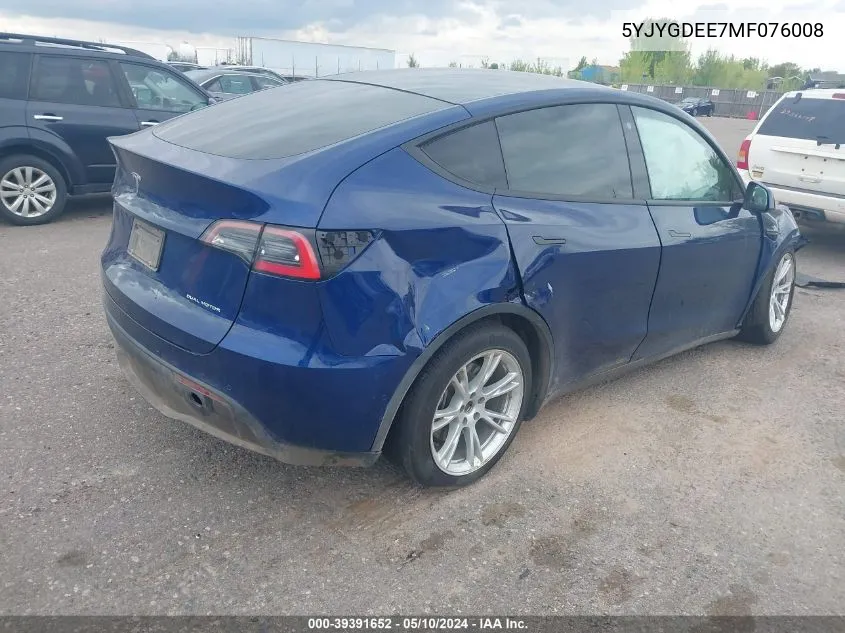 2021 Tesla Model Y Long Range Dual Motor All-Wheel Drive VIN: 5YJYGDEE7MF076008 Lot: 39391652