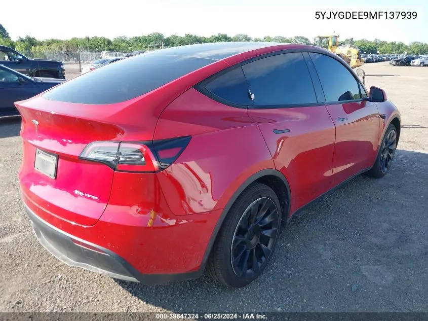 2021 Tesla Model Y Long Range VIN: 5YJYGDEE9MF137939 Lot: 39647324