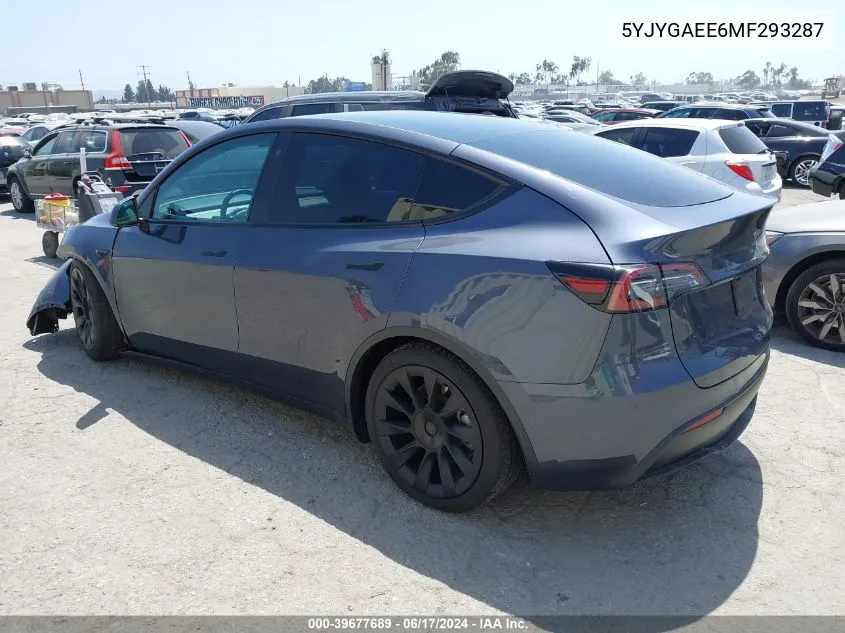 2021 Tesla Model Y Long Range Dual Motor All-Wheel Drive VIN: 5YJYGAEE6MF293287 Lot: 39677689