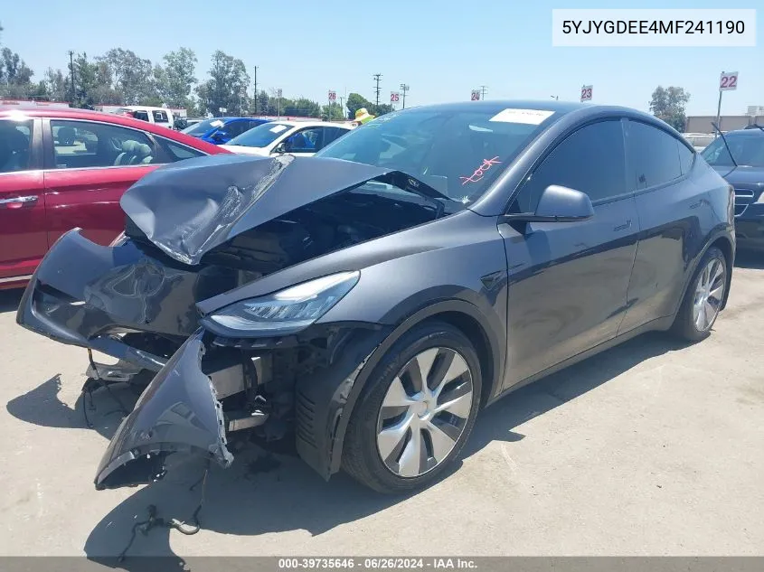 2021 Tesla Model Y Long Range Dual Motor All-Wheel Drive VIN: 5YJYGDEE4MF241190 Lot: 39735646