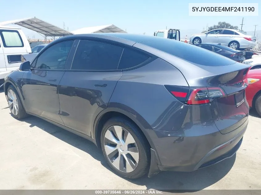 2021 Tesla Model Y Long Range Dual Motor All-Wheel Drive VIN: 5YJYGDEE4MF241190 Lot: 39735646