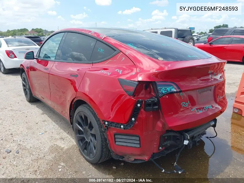 2021 Tesla Model Y Long Range Dual Motor All-Wheel Drive VIN: 5YJYGDEE6MF248593 Lot: 39741182