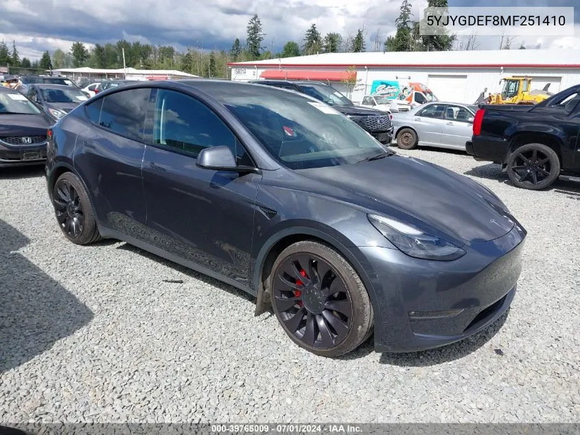 2021 Tesla Model Y Performance Dual Motor All-Wheel Drive VIN: 5YJYGDEF8MF251410 Lot: 39765009