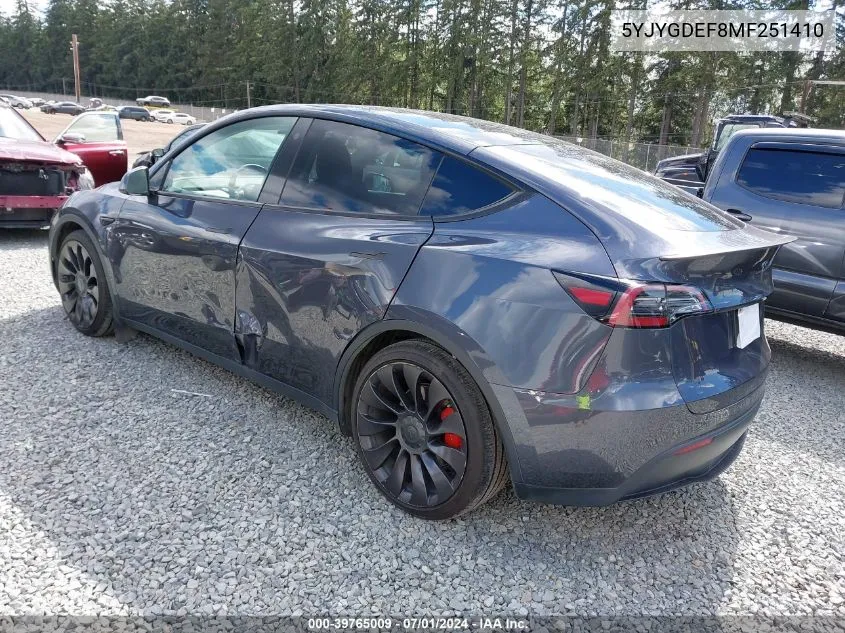 2021 Tesla Model Y Performance Dual Motor All-Wheel Drive VIN: 5YJYGDEF8MF251410 Lot: 39765009