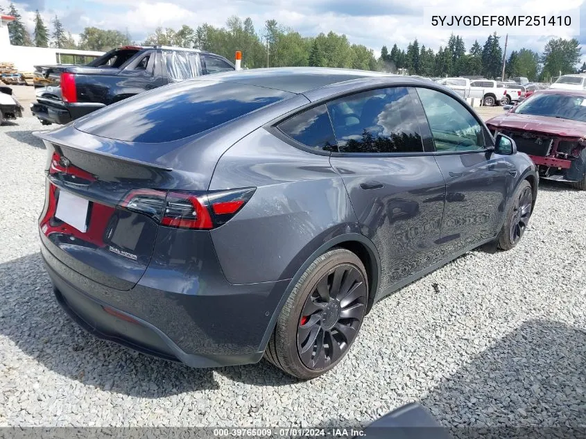 2021 Tesla Model Y Performance Dual Motor All-Wheel Drive VIN: 5YJYGDEF8MF251410 Lot: 39765009