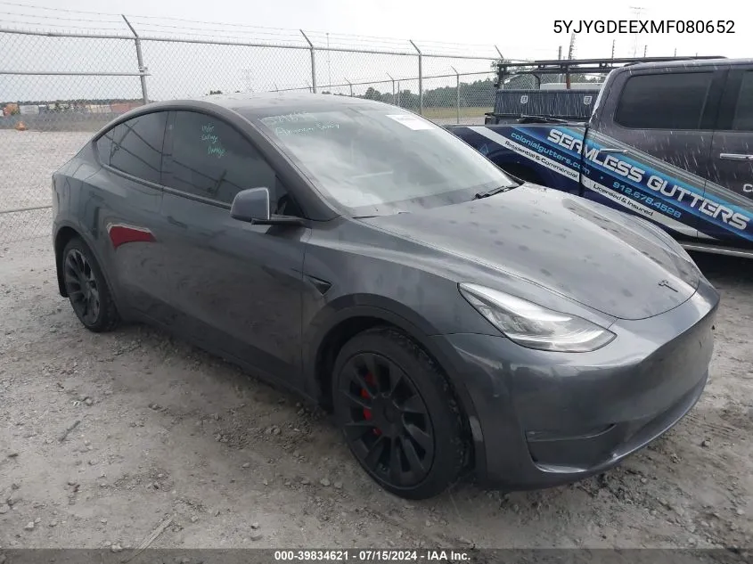 2021 Tesla Model Y Long Range Dual Motor All-Wheel Drive VIN: 5YJYGDEEXMF080652 Lot: 39834621