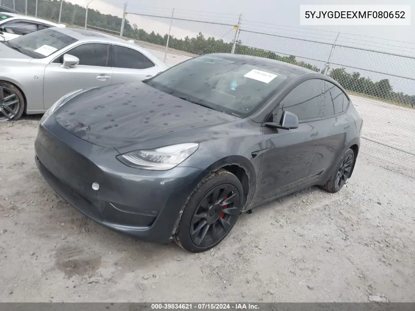 2021 Tesla Model Y Long Range Dual Motor All-Wheel Drive VIN: 5YJYGDEEXMF080652 Lot: 39834621