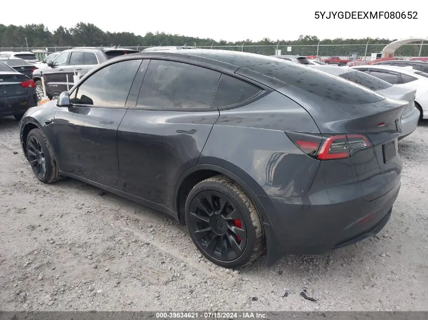 2021 Tesla Model Y Long Range Dual Motor All-Wheel Drive VIN: 5YJYGDEEXMF080652 Lot: 39834621