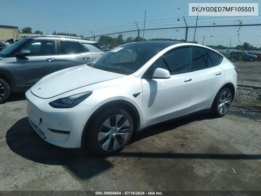 2021 Tesla Model Y Standard Range Rear-Wheel Drive VIN: 5YJYGDED7MF105501 Lot: 39865654