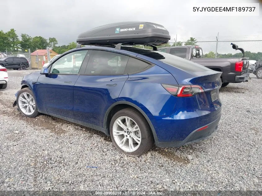 2021 Tesla Model Y Long Range Dual Motor All-Wheel Drive VIN: 5YJYGDEE4MF189737 Lot: 39905218