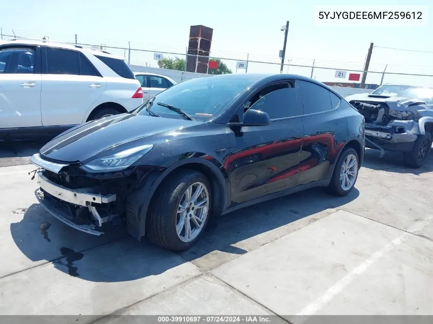 2021 Tesla Model Y Long Range Dual Motor All-Wheel Drive VIN: 5YJYGDEE6MF259612 Lot: 39910697