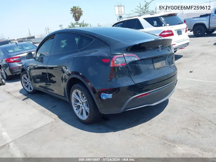 2021 Tesla Model Y Long Range Dual Motor All-Wheel Drive VIN: 5YJYGDEE6MF259612 Lot: 39910697