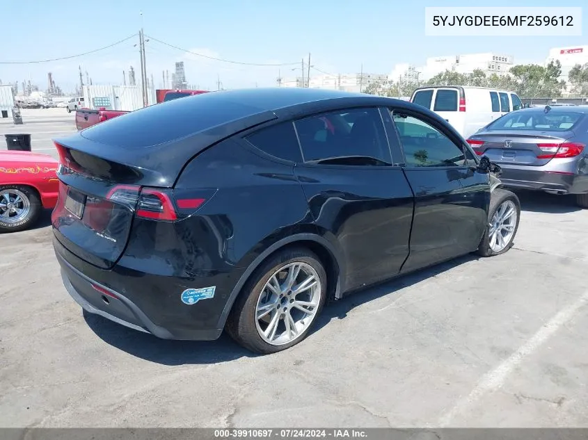 2021 Tesla Model Y Long Range Dual Motor All-Wheel Drive VIN: 5YJYGDEE6MF259612 Lot: 39910697