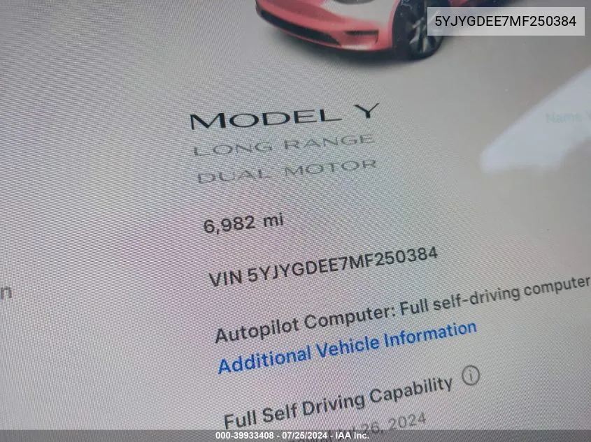 2021 Tesla Model Y VIN: 5YJYGDEE7MF250384 Lot: 39933408