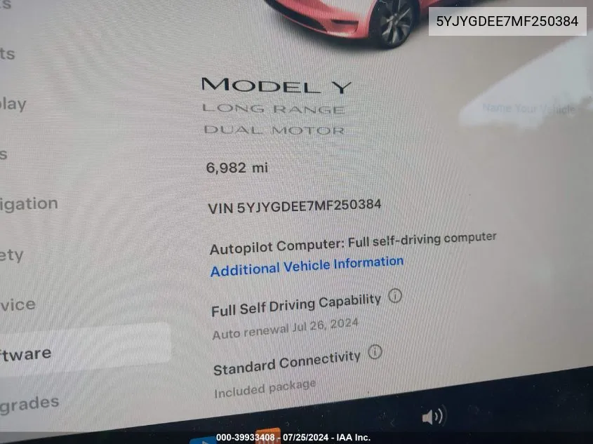 5YJYGDEE7MF250384 2021 Tesla Model Y