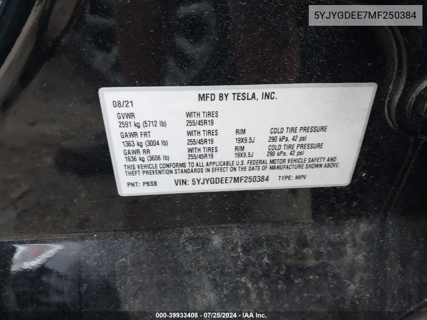 5YJYGDEE7MF250384 2021 Tesla Model Y