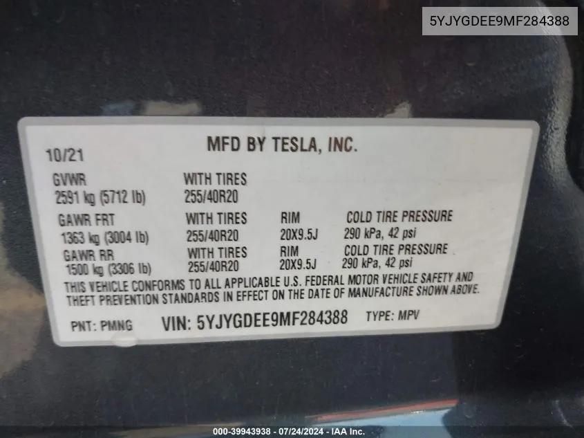 2021 Tesla Model Y Long Range Dual Motor All-Wheel Drive VIN: 5YJYGDEE9MF284388 Lot: 39943938