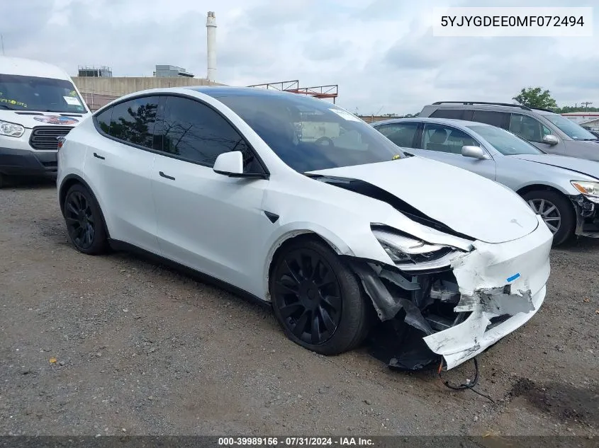 2021 Tesla Model Y Long Range Dual Motor All-Wheel Drive VIN: 5YJYGDEE0MF072494 Lot: 39989156