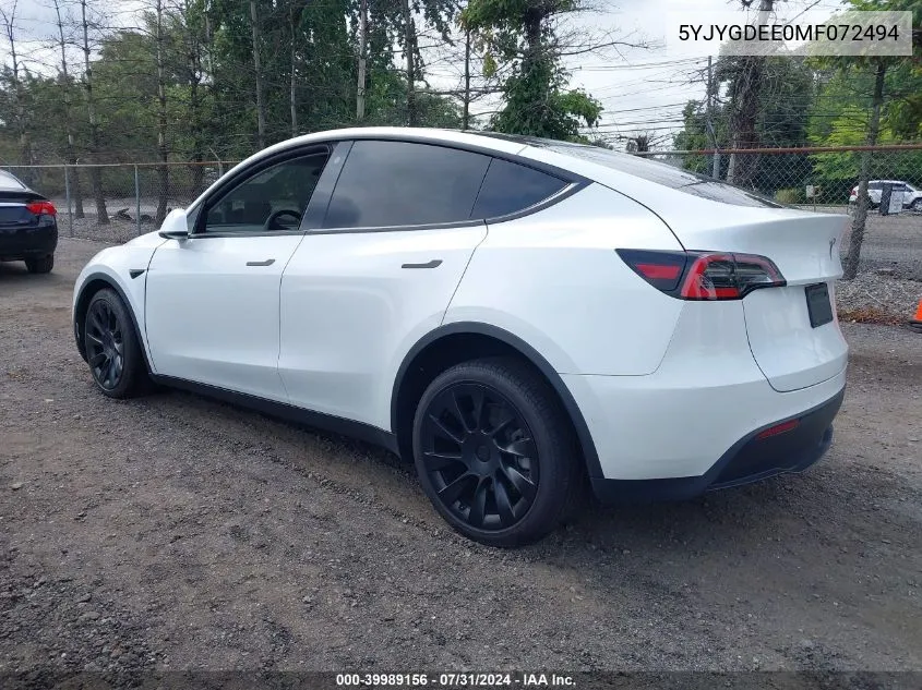 2021 Tesla Model Y Long Range Dual Motor All-Wheel Drive VIN: 5YJYGDEE0MF072494 Lot: 39989156