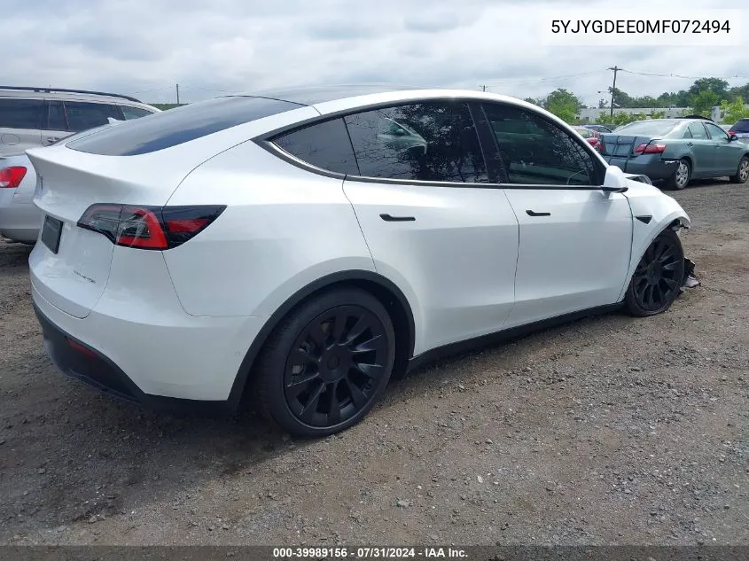 2021 Tesla Model Y Long Range Dual Motor All-Wheel Drive VIN: 5YJYGDEE0MF072494 Lot: 39989156