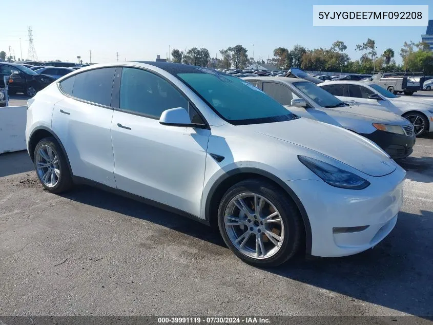 2021 Tesla Model Y Long Range Dual Motor All-Wheel Drive VIN: 5YJYGDEE7MF092208 Lot: 39991119